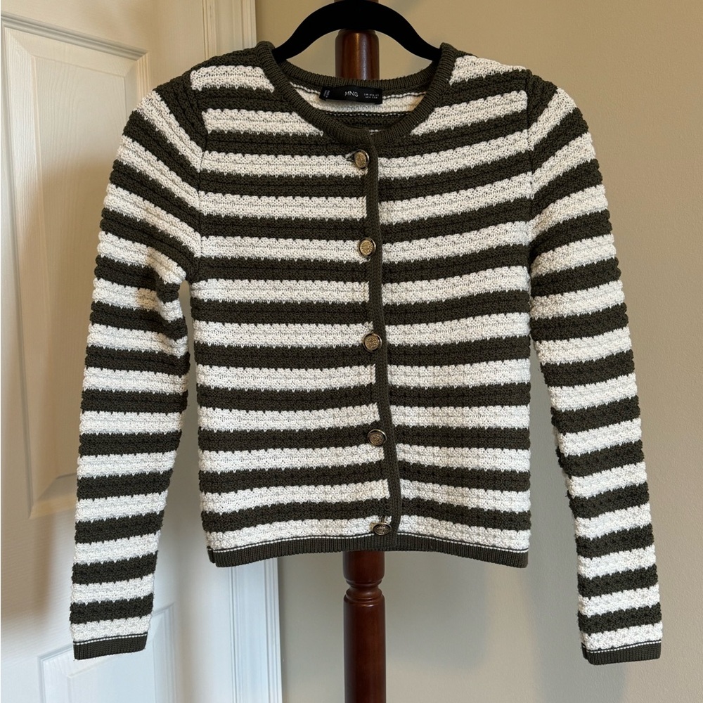 Mango Striped Cardigan with Jewel Buttons - Size XS - Khaki / White Stripe